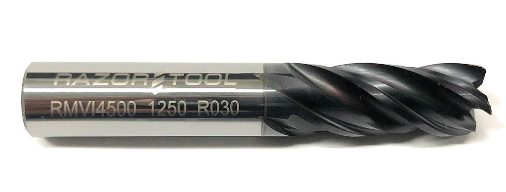 Razor Tool 1/4” Dia 4 Flute Carbide End Mill 3/4” Length of Cut, Corner Radius .010”